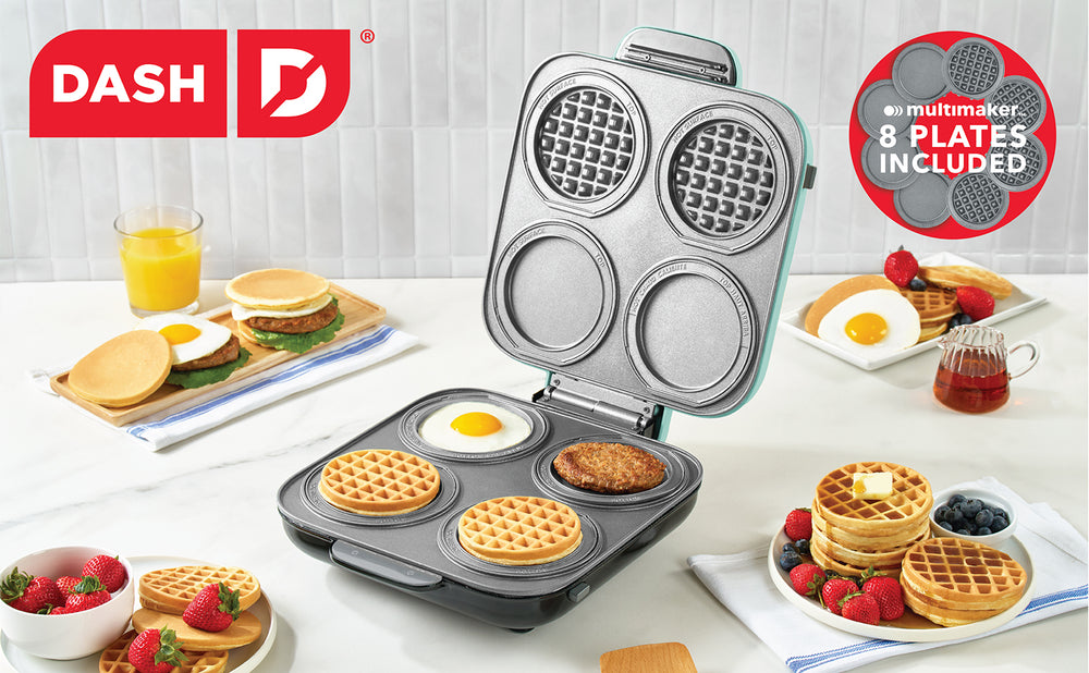 Multimaker Family Mini Maker with various food items on a table, featuring the Dash brand.