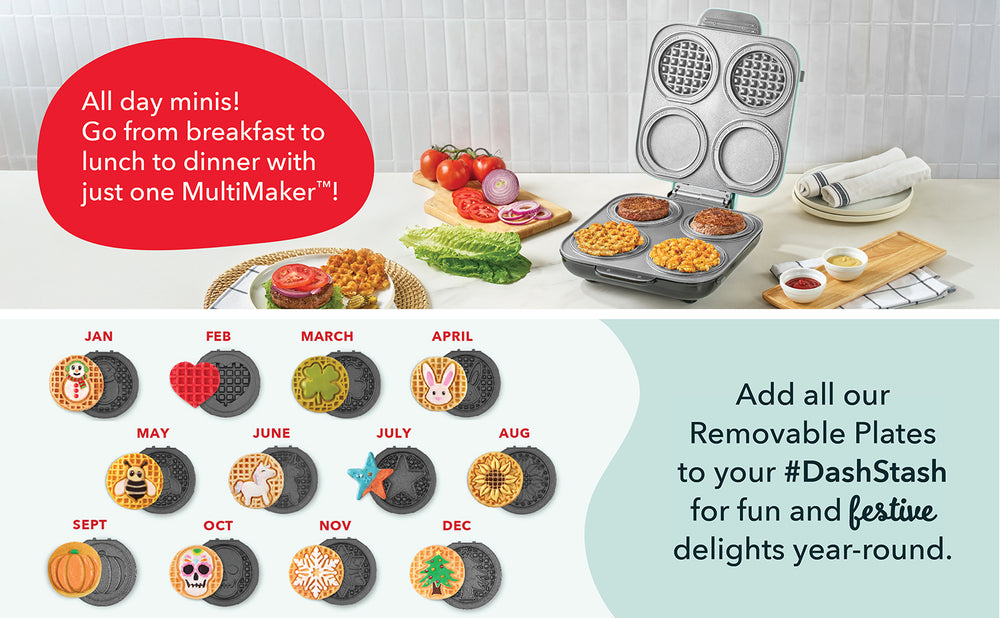 MultiMaker Family Mini Maker kitchen appliance with waffles and promotional text on a white background