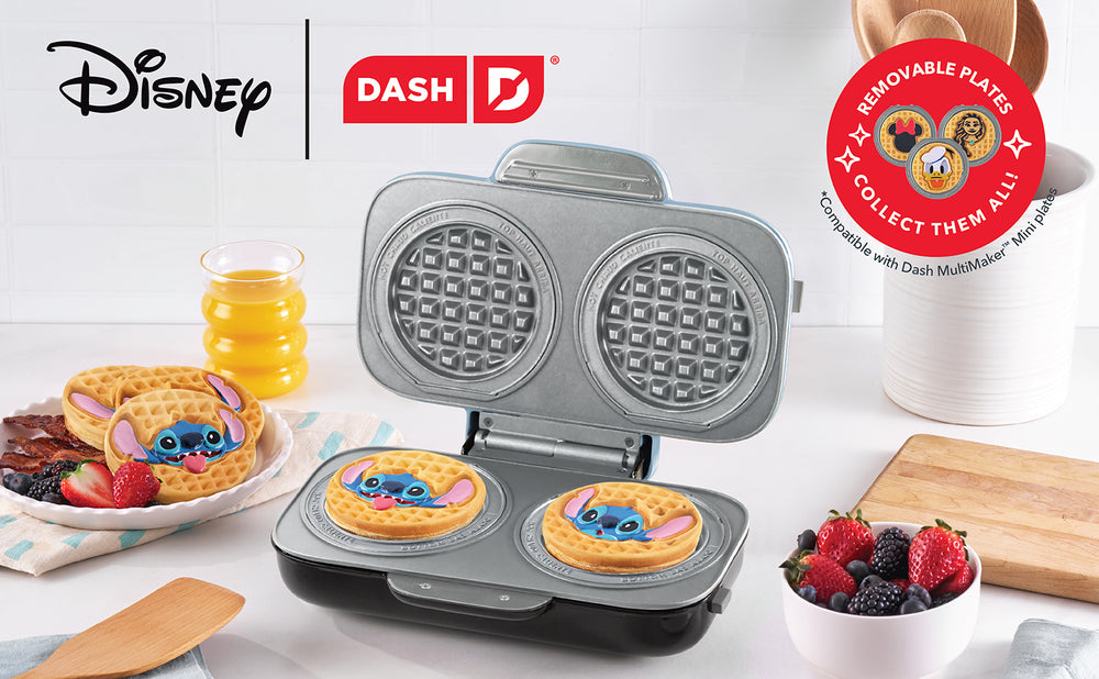 Disney | Dash Stitch MultiMaker™ Double Mini Maker System with removable plates, creating fun Stitch waffles for a delicious family breakfast.