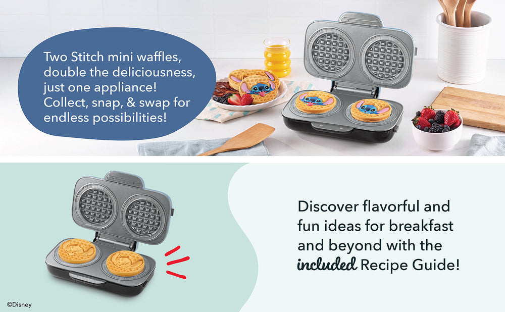 Disney | Dash Stitch MultiMaker™ Double Mini Maker System making two Stitch waffles, with recipe guide included for endless fun breakfast ideas.