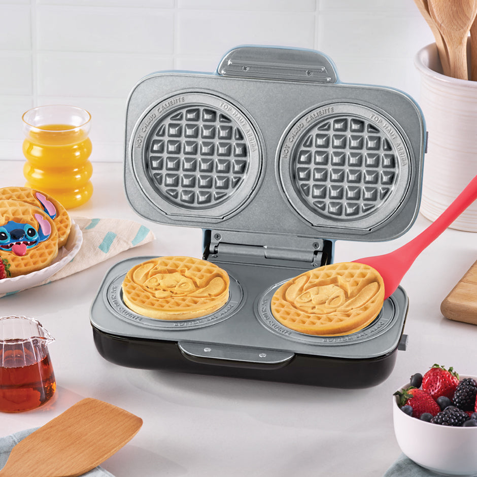 Disney | Dash Stitch  MultiMaker™ Double Mini Maker System creating fun character-shaped waffles, perfect for family breakfasts and kids’ favorite treats.