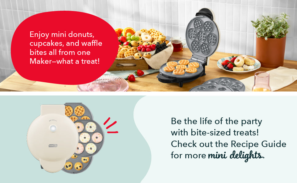 Multifunctional kitchen appliance with various baked goods and text on a wooden table.