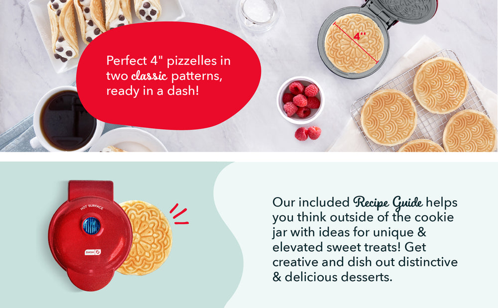 Dash Mini Pizzelle Maker making 4-inch pizzelles with classic patterns and creative dessert ideas from included recipe guide.