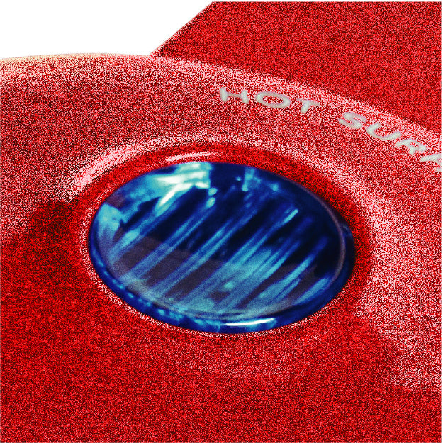 Close-up of blue indicator light on red Dash Mini Pizzelle Maker showing heating status.