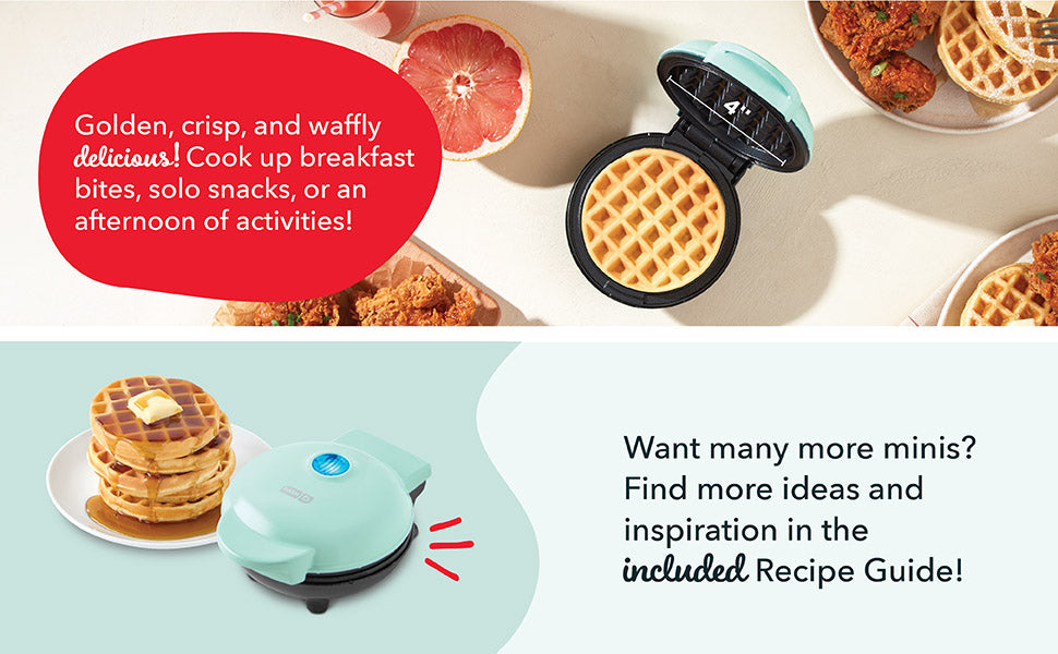 Dash mini waffle maker shown with crisp waffles and breakfast foods. Text highlights versatility: “Golden, crisp, and waffly delicious!” and mentions included recipe guide for more mini waffle ideas.