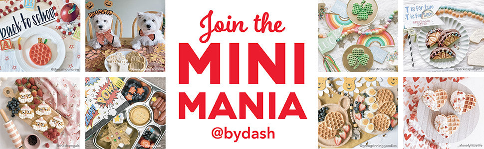 A collage of creative mini waffle meals including seasonal, themed, and bento box designs. Text in the center reads: “Join the MINI MANIA @bydash” encouraging community sharing and creativity.