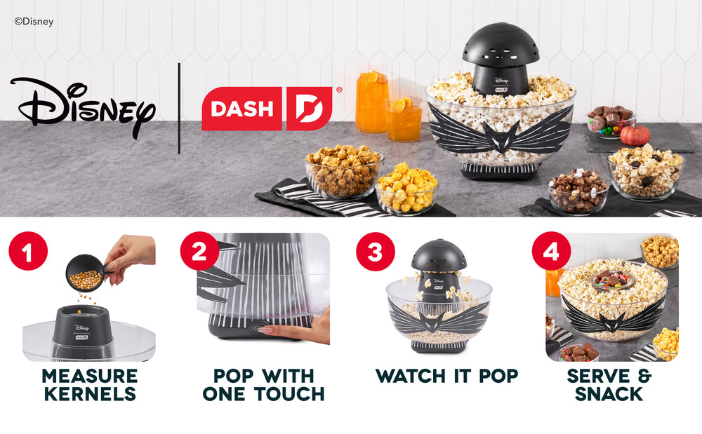 Disney | Dash Jack Skellington Popcano Popcorn Maker measures, pops and serves fresh popcorn with one touch