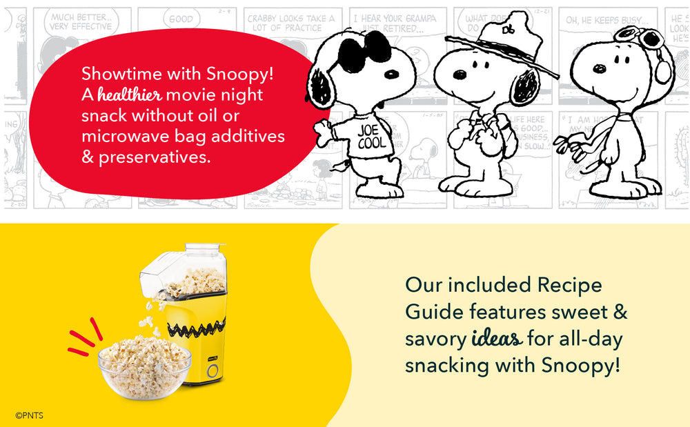 Peanuts® x Dash Popcorn Maker with Snoopy illustrations promoting healthy, oil-free movie-night snacks and recipe ideas.