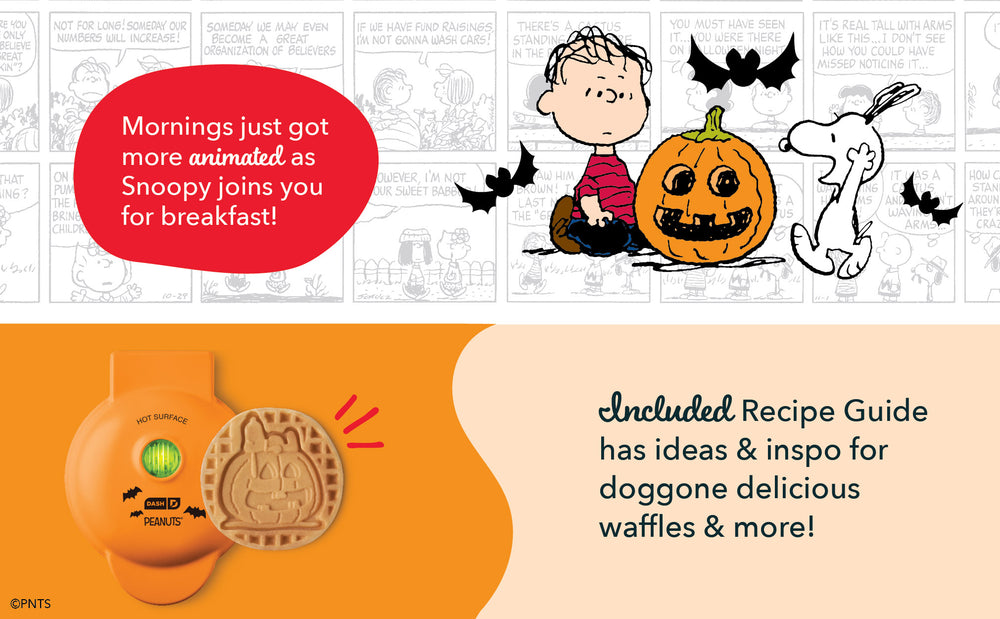 Cartoon character with pumpkin and ghost, text about joining for breakfast and recipe guide.