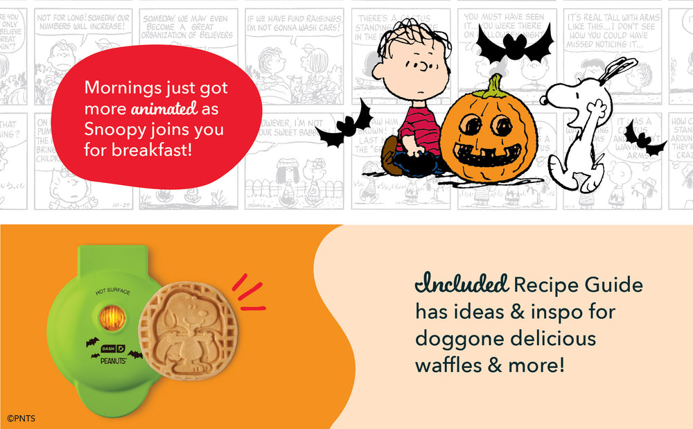 Cartoon character with a pumpkin and text about a recipe guide for dog waffles.