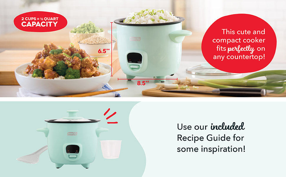 The Mini Rice Cooker with Keep Warm features cool-touch handles, rice paddle, easy to use interface, nonstick coating, removable pot, measuring cup, and a Keep Warm function.