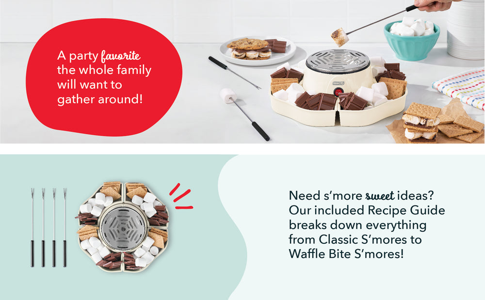 S'mores maker with ingredients and text about a family-friendly party activity.