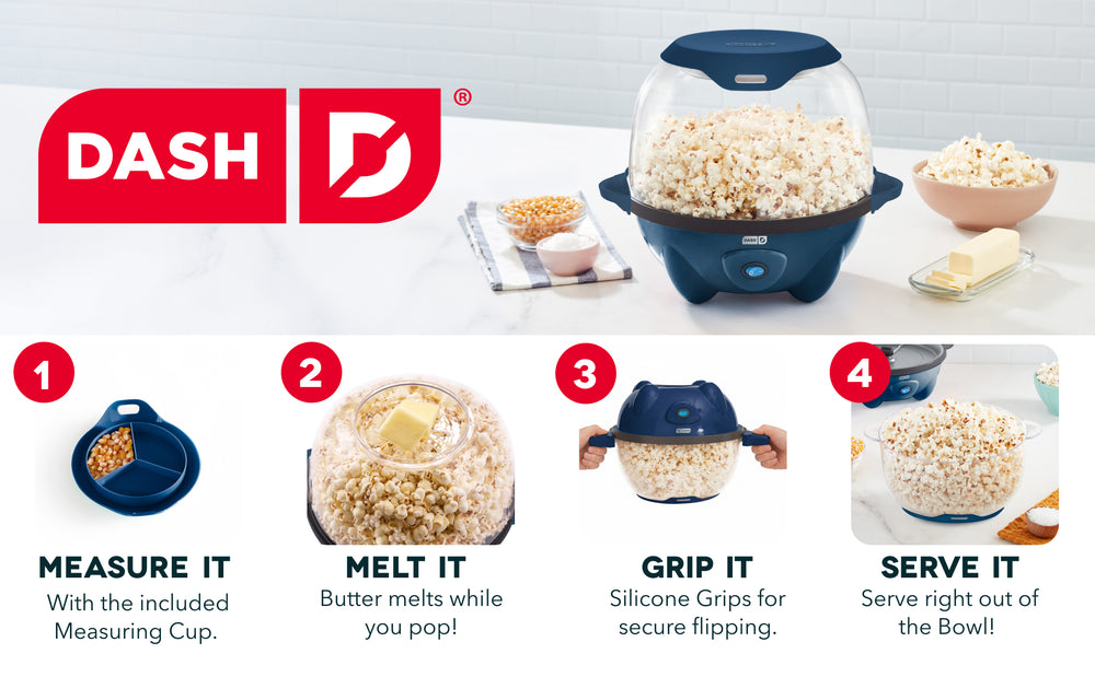 Dash SmartStore Popcorn Maker measures, melts, flips and serves fresh popcorn in one easy bowl