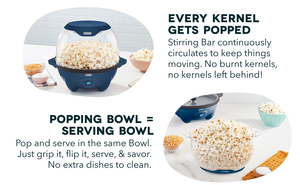 Dash SmartStore Popcorn Maker pops every kernel and doubles as a serving bowl for easy snacking