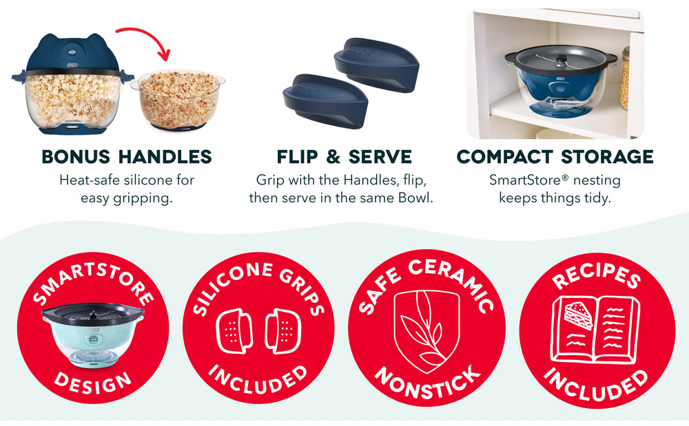 Dash SmartStore Popcorn Maker includes silicone grips, compact storage and ceramic nonstick surface