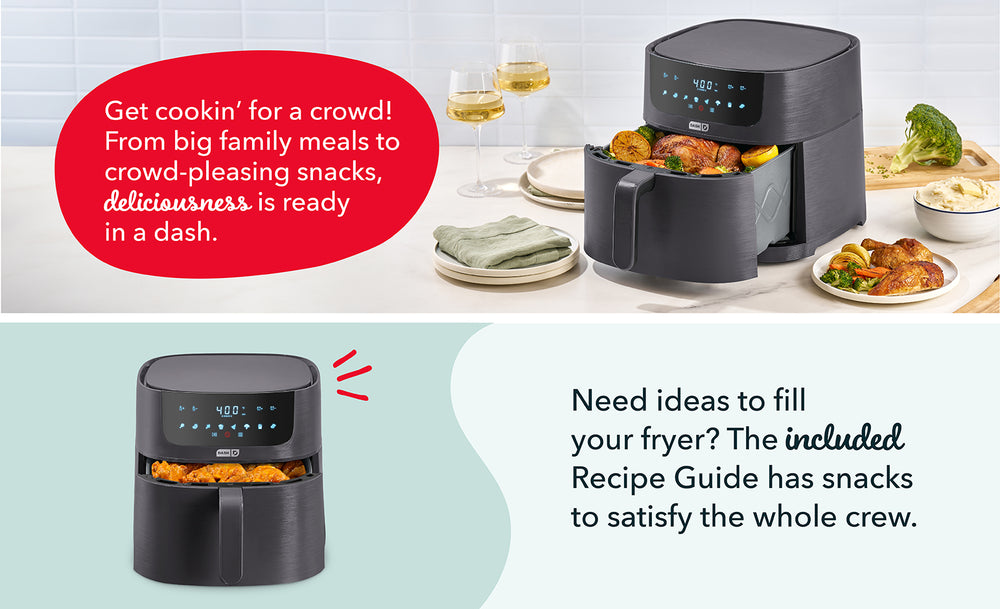 Air fryer with food on a table, surrounded by text about its capabilities and recipe guide.