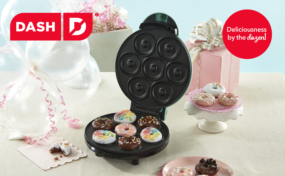 Features of the Express Mini Donut Maker include safety handles, rings to make 7 donuts at once, nonstick surface, nonslip feet, Indicator Light, and a small footprint for easy storage.