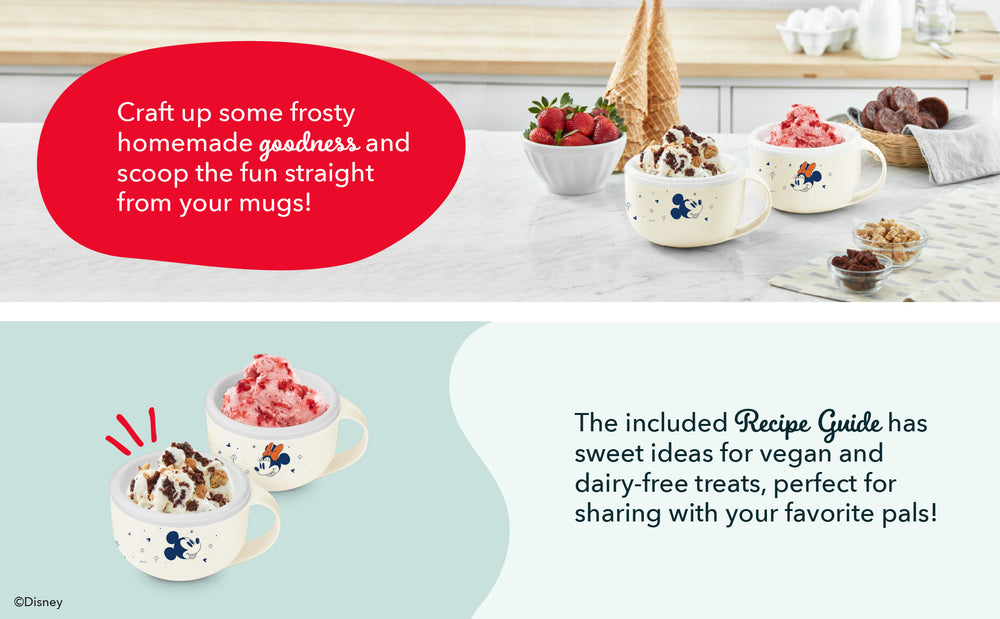 Ice cream bowls with toppings on a kitchen counter, featuring a recipe guide advertisement.