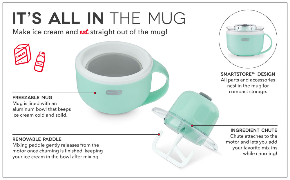 My Mug Ice Cream Maker features an aluminum bowl, removable paddle, ingredient chute, and compact storage.