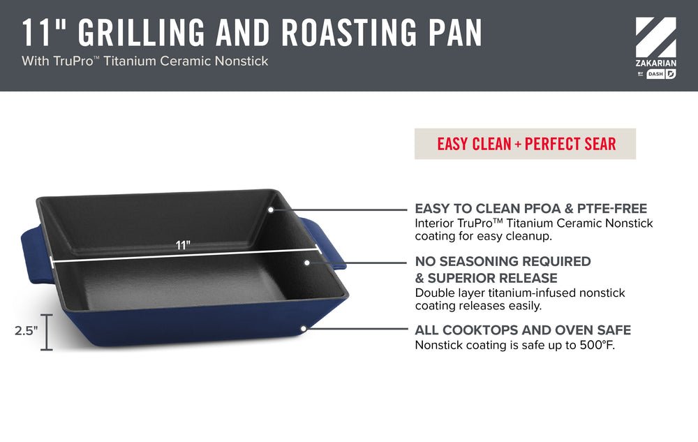 Features of the 11 inch Grilling and Roasting Pan including the nonstick coating that is easy to clean, PFOA and PTFE-free, no seasoning required and superior release, and safe for all cooktops and ovens are highlighted. 