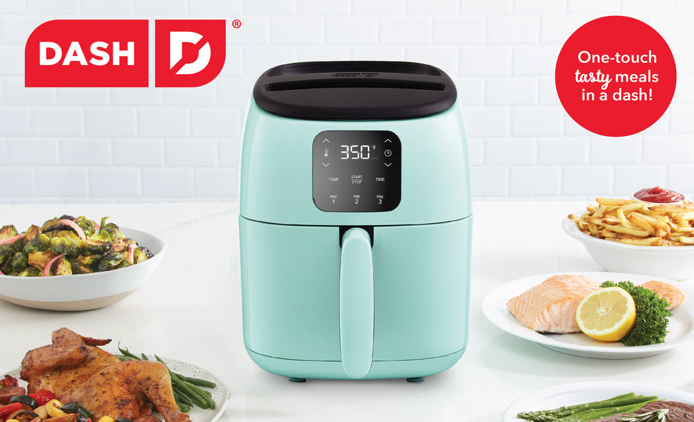 An aqua colored Digital Tasti-Crisp Air Fryer sits ajar with fresh tater tots to accompany a burger.