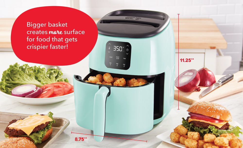 Digital Tasti-Crisp Air Fryer features presets, AirCrisp display, clear window, wide crisper basket, and nonslip feet.