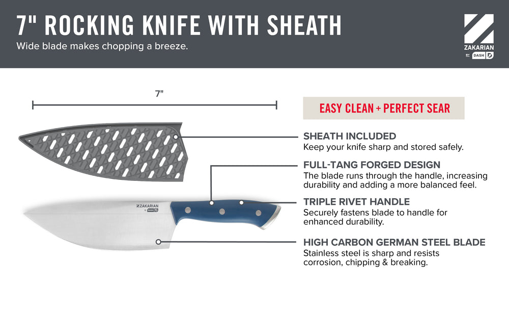 The 7 inch rocking knife with sheath has a full-tang forged design, triple rivet handle, and high carbon german steel blade.