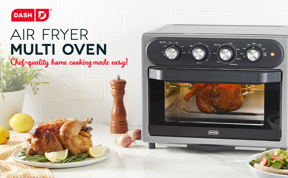 A chicken roasts inside the Air Fryer Multi Oven for easy chef quality home cooking.