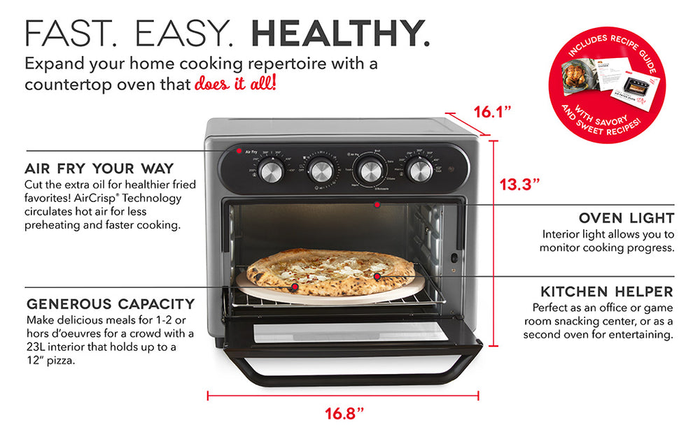 The Chef Series Air Fryer Oven with Rotisserie is fast, easy, and healthy with its AirCrisp Technology, generous capacity, oven light, and compact size.