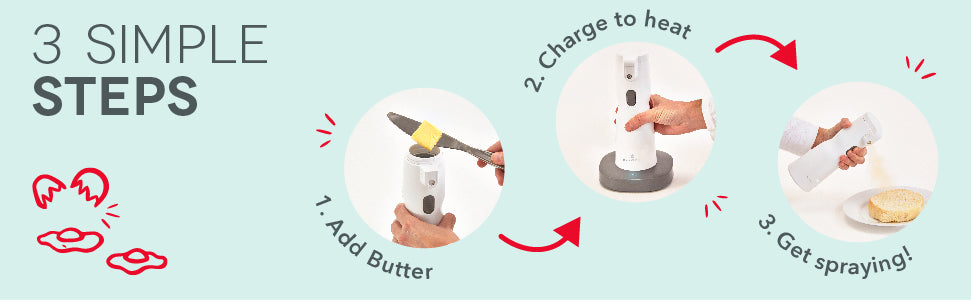 In 3 steps just add butter, charge to heat, and spray with the Electric Butter Sprayer.