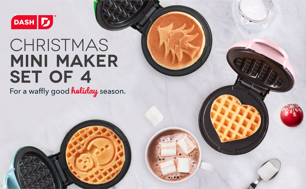 Dash Christmas Mini Maker Set of 4 with festive tree, heart, snowman, and pizzelle waffle designs — perfect for holiday breakfasts.