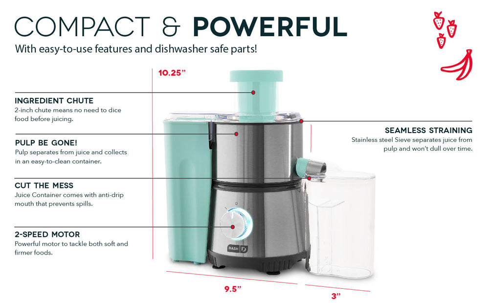 The Compact Centrifugal Juicer is compact and powerful with a 2 inch ingredient chute, pulp separation, anti-drip mouth, two-speed motor, and seamless straining.