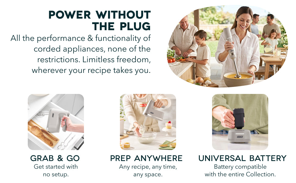 Dash cordless appliances with universal battery for grab-and-go prep without outlet limits