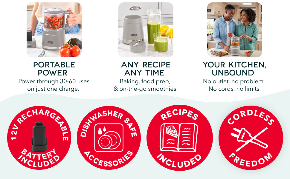 Dash cordless blenders, mixer and food chopper offer portable power with rechargeable battery