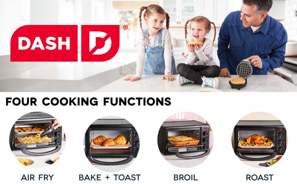 Dash Air Fryer Toaster Oven features air fry, bake, toast, broil and roast functions for family meals