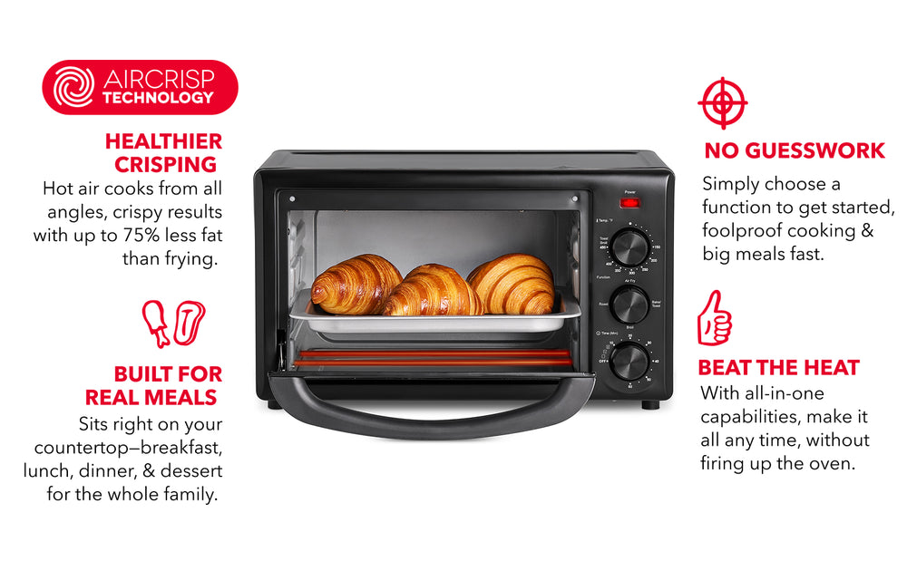 Dash Air Fryer Toaster Oven uses AirCrisp technology for crispy meals with less fat than frying
