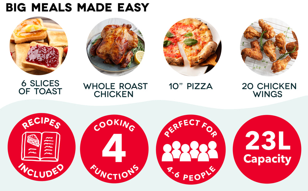 Dash Air Fryer Toaster Oven fits toast, pizza, roast chicken and wings with 23L family capacity