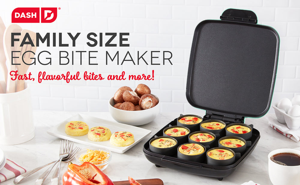 The Family Size Egg Bite Maker sits open on a countertop with fresh egg bites.