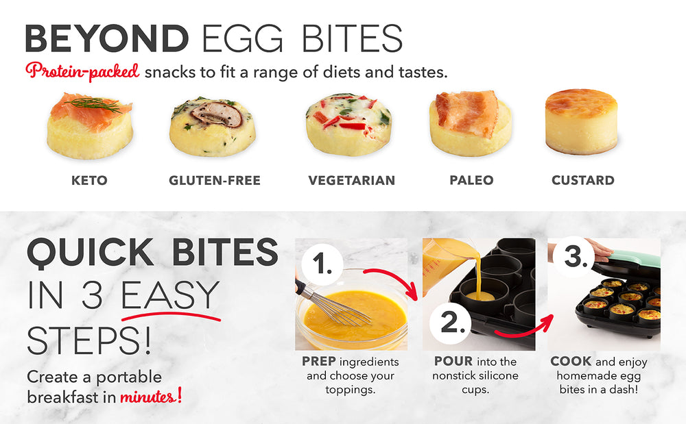 Protein-packed possibilities include keto, vegetarian, paleo, and custard. Egg bites in 3 quick steps just prepare ingredients, pour, and cook.