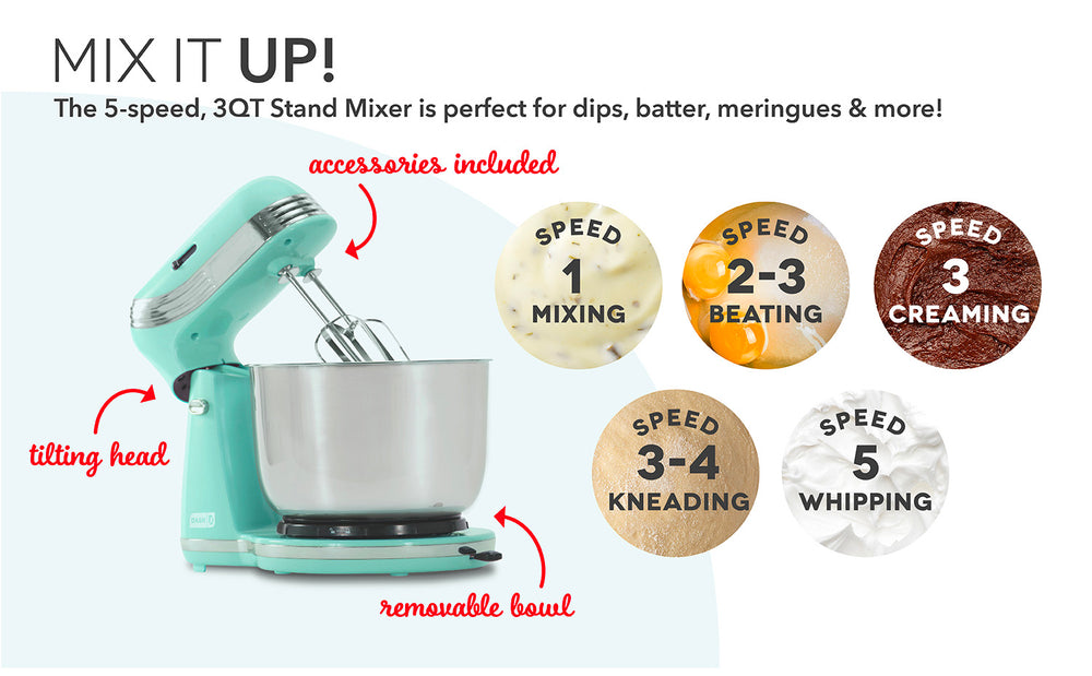 The Everyday Mixer has 5 speeds to choose from for mixing, beating, creaming, kneading, and whipping. The mixer has a tilting head, removable bowl, and accessories are included.