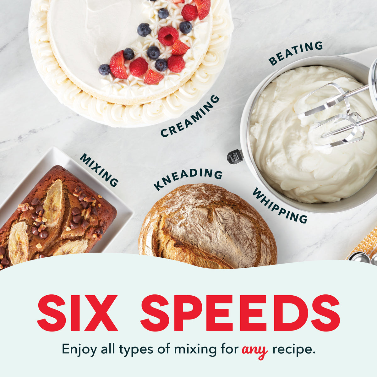 Stand mixer with flat beater, whip, and dough hook attachments shown mixing cake batter, whipping cream, and kneading dough.