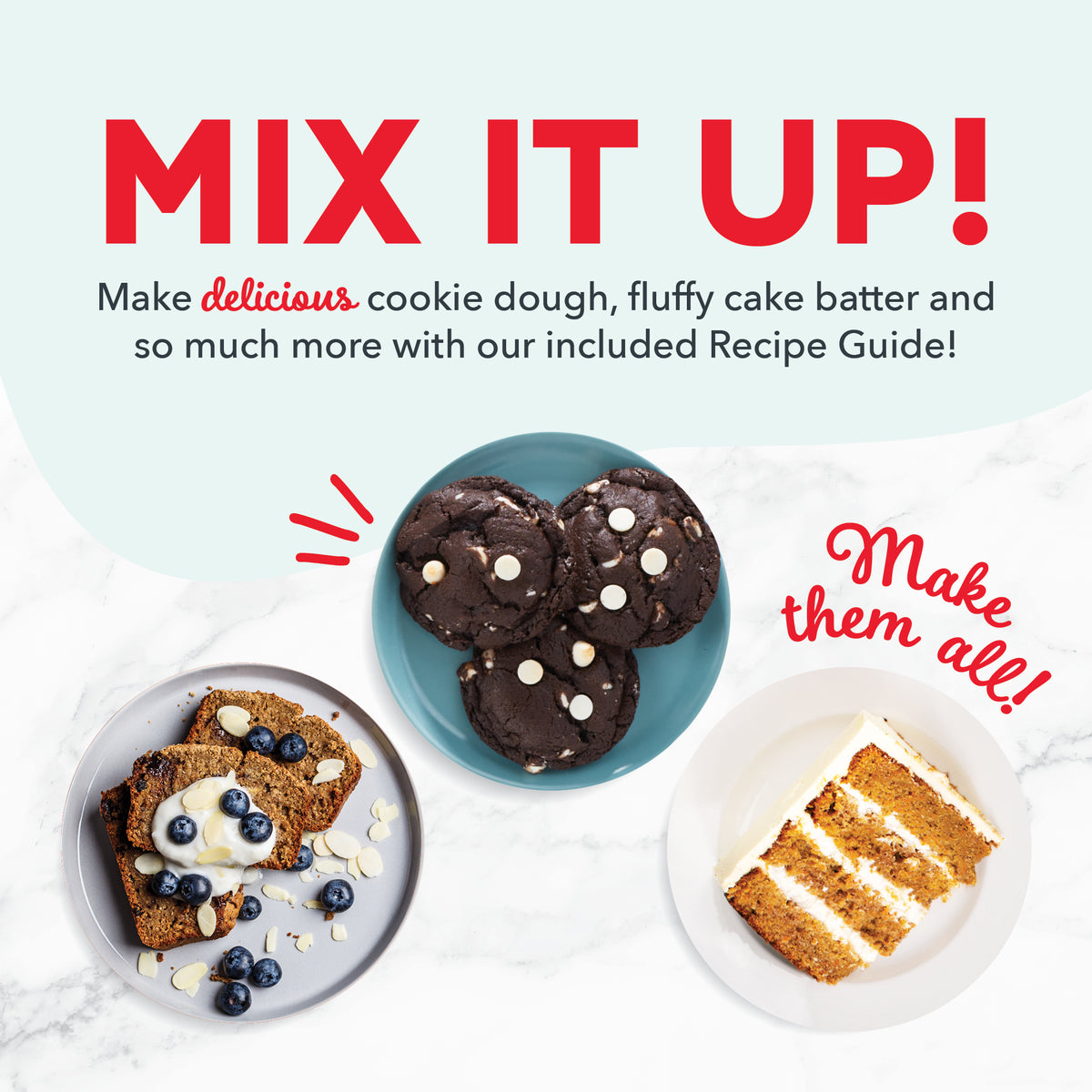 Three plates with baked goods including chocolate chip cookies, cake slices, and toast with berries on marble surface.