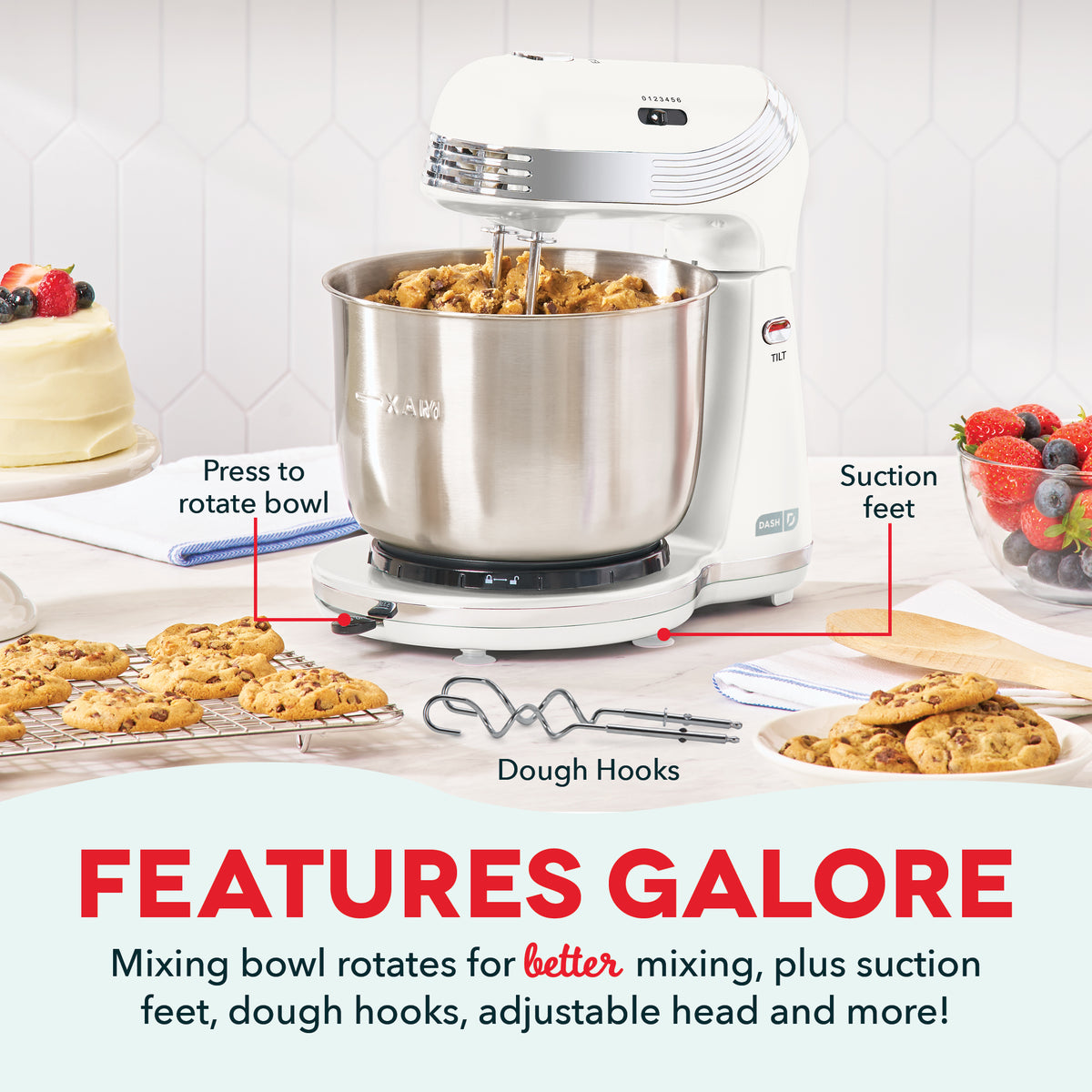 White stand mixer with stainless steel bowl containing cookie dough, dough hook attachment, and control panel visible.