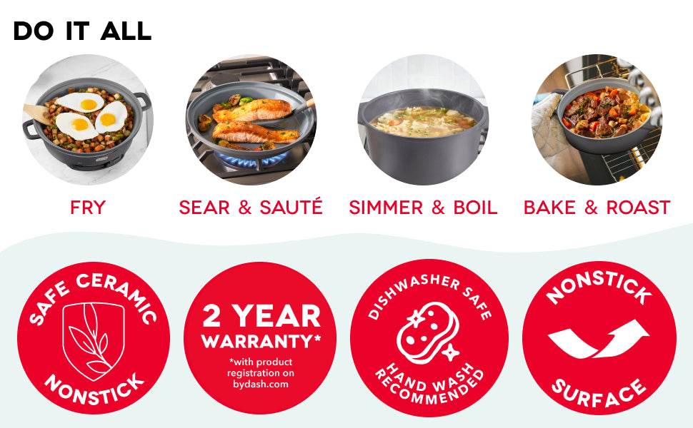 Promotional graphic for cookware with various cooking methods and product features.