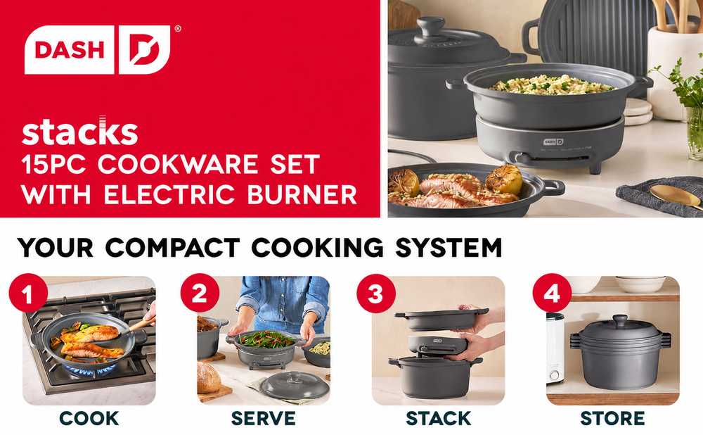 Dash cookware set with electric burner and cooking process illustrations.