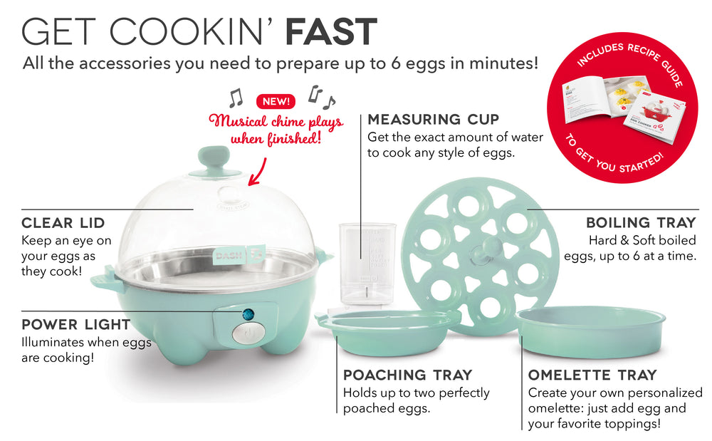 Features a clear lid, power light, measuring cup, and trays for boiling, poaching, and omelettes.