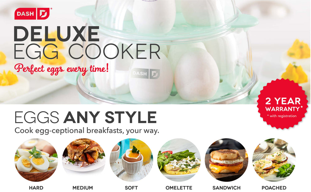 The Deluxe Egg Cooker cooks perfect eggs in any style; hard, medium, soft, omelette, sandwich, or poached. 