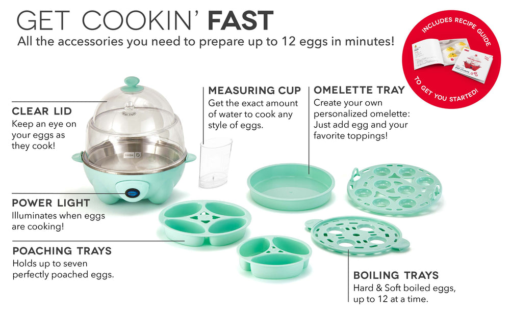 The Deluxe Egg Cooker has all the features and accessories to prepare up to 12 eggs in minutes including a clear lid, power light, poaching trays, measuring cup, omelette tray, and boiling trays.