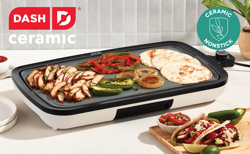 Dash Ceramic Nonstick Griddle cooking chicken, peppers, onions and tortillas for family meals