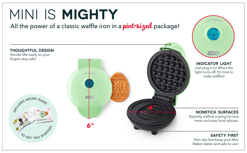 All the features of the classic waffle iron like thoughtful design, indicator design, nonstick surfaces, and nonslip feet in a mighty mini size.